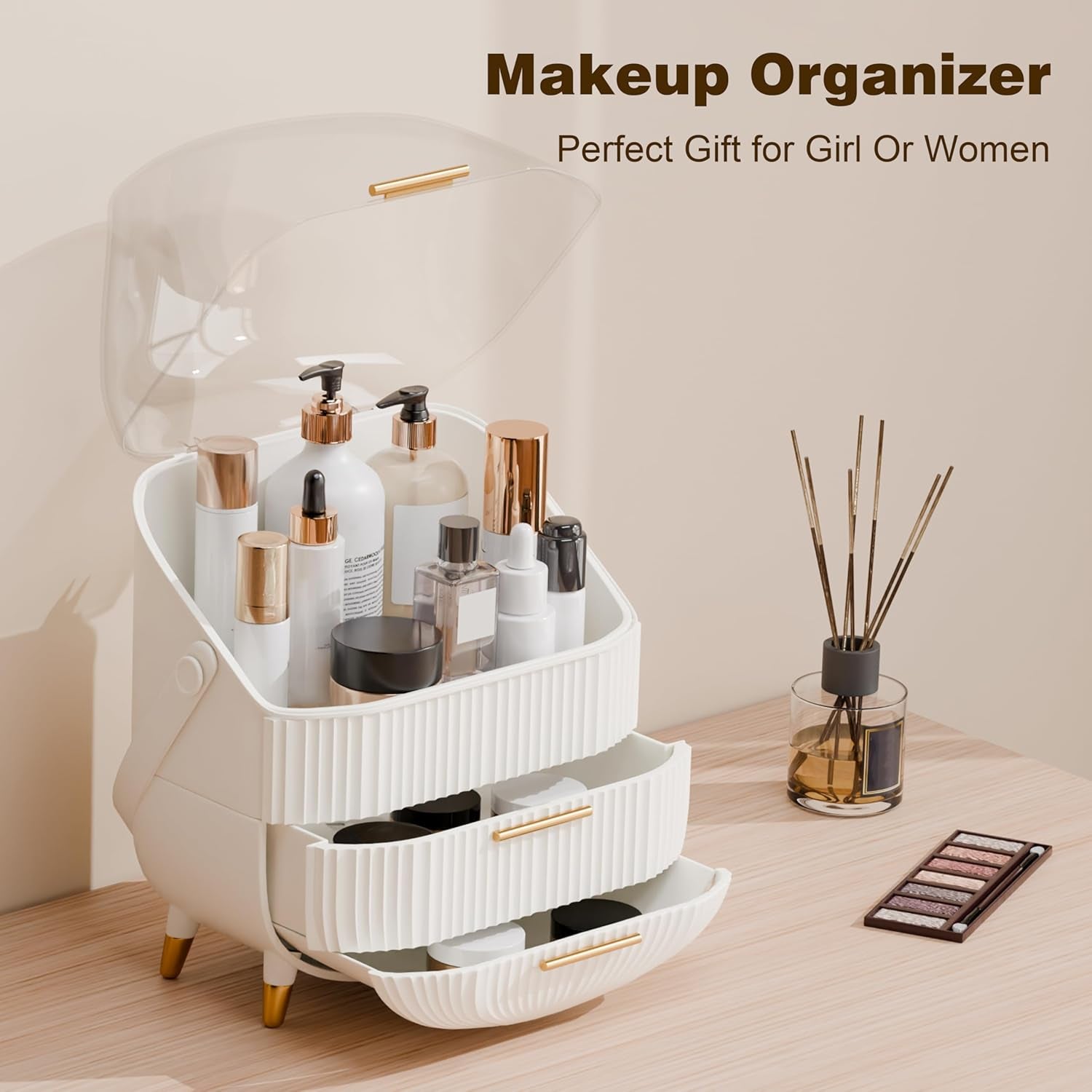 Makeup Organizers and Storage, Make up Organizer for Vanity Cosmetics Skincare Organizers with Lid and Drawers Display Cases for Countertop（White）